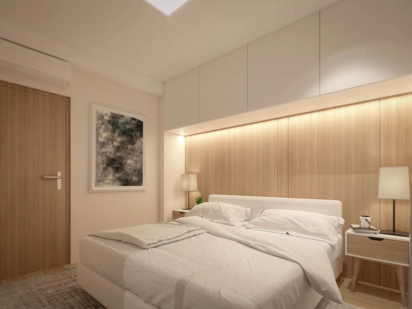 Chambre moderne avec tête de lit en bois clair et éclairage LED intégré