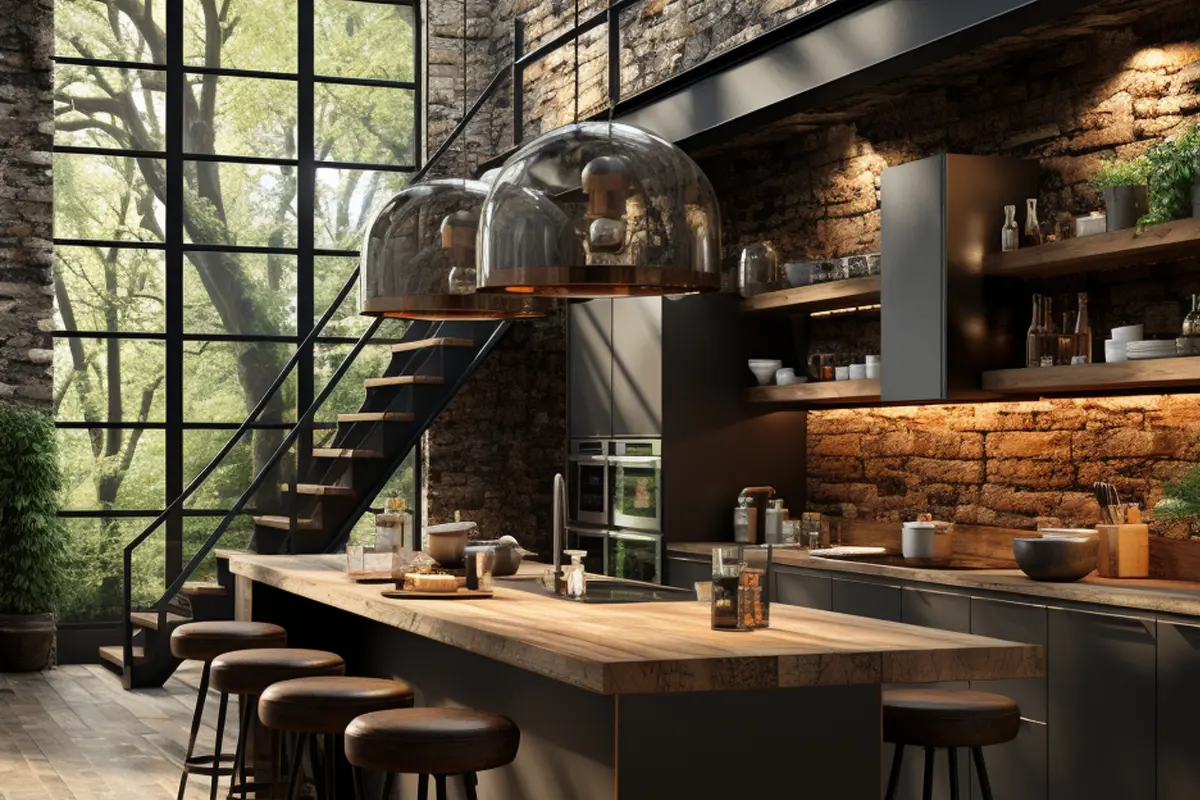 Rénovation de cuisine loft avec mur brique