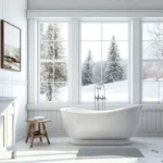 Aménagement salle de bain contemporaine effet marbre et bois blanc élégant