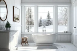 Aménagement salle de bain contemporaine effet marbre et bois blanc élégant